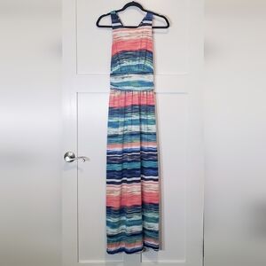 Tori Richard Maxi Hawaiin Dress Colorful Striped Racerback Size Large